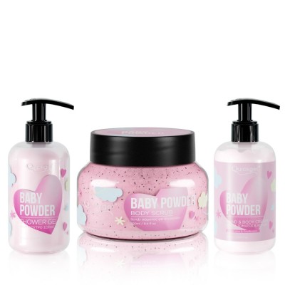 Quickgel Gift Set - Baby Powder Shower gel, Bodyscrub & Body Lotion Quickgel Gift Set - Baby Powder Shower gel, Bodyscrub & Body Lotion