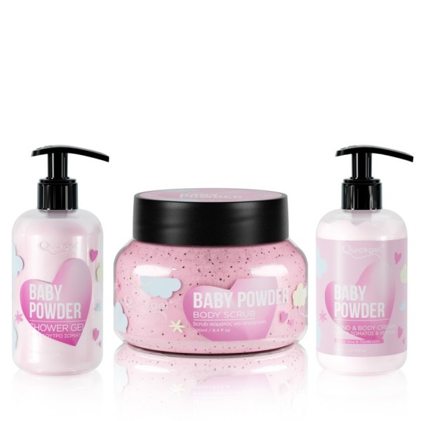 Quickgel Gift Set - Baby Powder Shower gel, Bodyscrub & Body Lotion